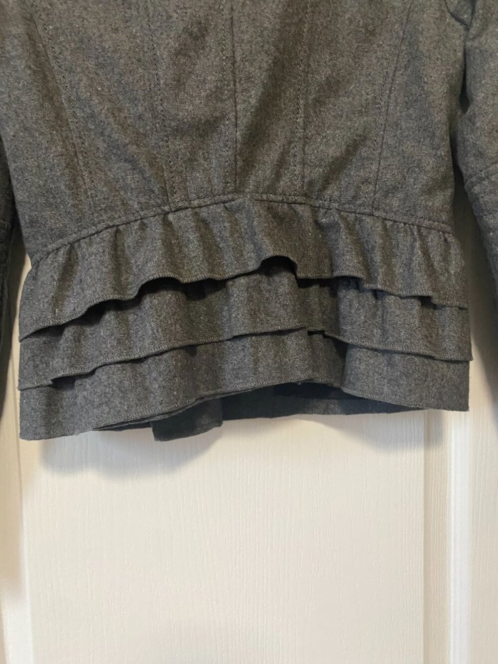 Vintage Express Gray Wool Double Breasted Military Ruffle Peplum Preppy Jacket - Picture 7 of 12